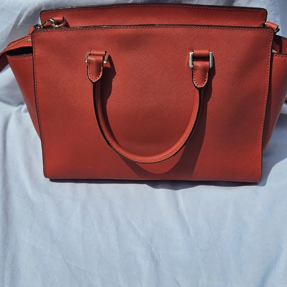 Michael Kors Selma Large Red Saffiano Leather Purse Crossbody Double Handle Bag - Picture 9 of 9